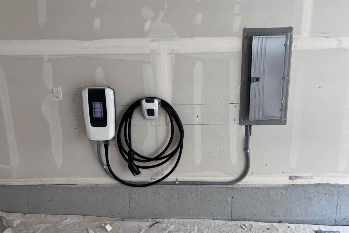 Level 2 EV charger installed by Aidan Casey Electric, with clean conduit run to the panel