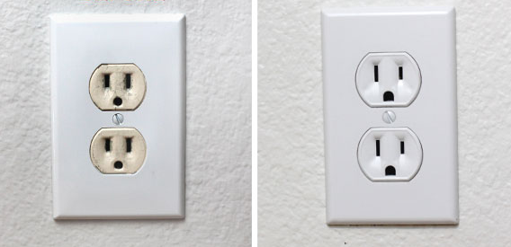 Old worn outlet versus clean new outlet installed by Aidan Casey Electric