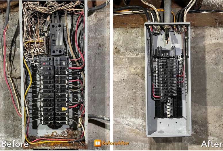 Panel upgrade by Aidan Casey Electric — messy old wiring before, clean new 200A panel after
